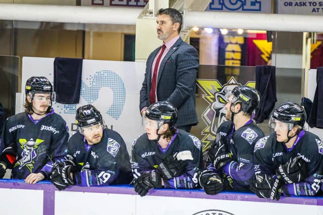 Manchester Storm coach Ryan Finnerty has been impressed with forward Harry Gulliver, bottom centre, this season, as has Leeds Knights' coach Dave Whistle, where he is playing occasionally on a two-way deal. Picture: Mark Ferriss/Elite League.