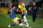 Leeds United winger Raphinha in action for Brazil against Colombia. Pic: Getty