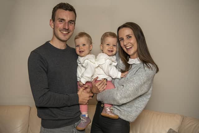 Katie and Mark Gregory with their twins Lily and Sophie, now 13 months. The baby girls were born prematurely and spent months in The Neonatal Unit at Leeds Children’s Hospital. Photo: Tony Johnson.