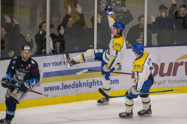 Harry Gulliver celebrates scoing the Knights' fifth goal against Sheffield Steeldogs. (Picture: Bruce Rollinson)