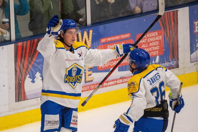 Harry Gulliver celebrates scoring his first and Leeds Knights' third goal against Sheffield Steeldogs in Friday's Autumn Cup semi-final, second leg at Elland Road Picture: Bruce Rollinson
