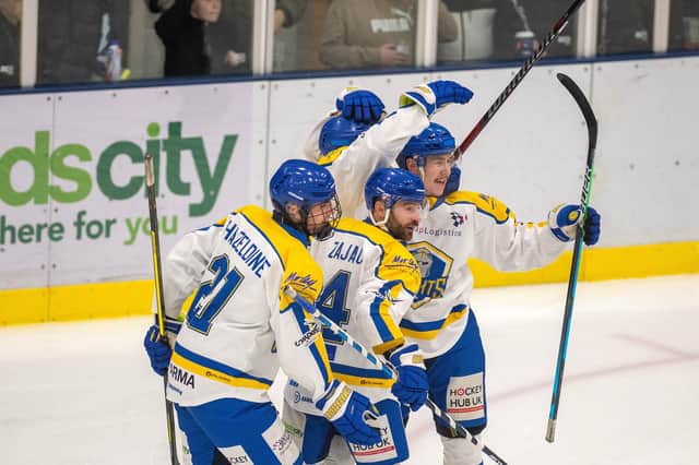 Leeds Knights celebrate Jordan Fisher scoring their fourth goal against Sheffield Steeldogs in the Autumn Cup semi-final at Elland Road on Friday night. 
Picture: Bruce Rollinson