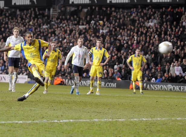 LATE DRAMA: Jermaine Beckford slams home a 96th-minute penalty to give League One side Leeds United a 2-2 draw at Premier League hosts Tottenham Hotspur and an FA Cup fourth round replay back in January 2010. Picture by James Hardisty.