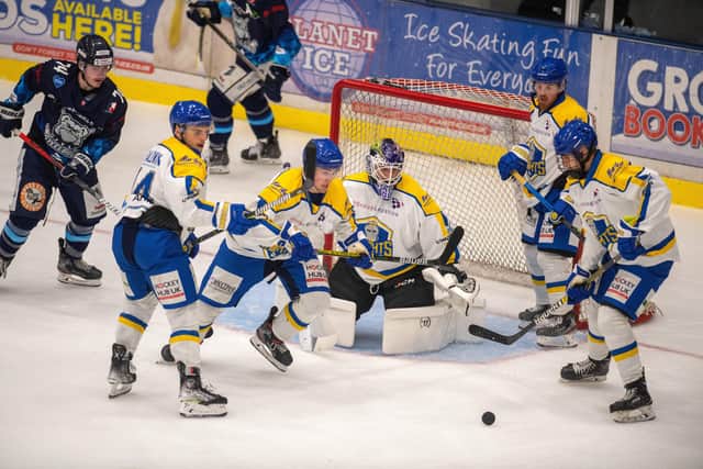 Leeds Knights' players battle in front of their own net as netminder Jordan McLaughlin looks on during last night's Autumn Cup semi-final second leg against Sheffield Steeldogs
 Picture: Bruce Rollinson