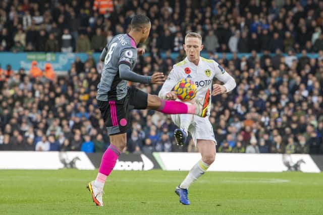 Leeds United midfielder Adam Forshaw in action against Leicester City at Elland Road. Pic: Tony Johnson