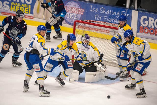 Leeds Knights battle in front of net on their way to victory over Sheffield Steeldogs. 
Picture: Bruce Rollinson.