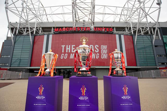 The women's, men's and wheelchair World Cup trophies. Picture by SWpix.com/RLWC2021.