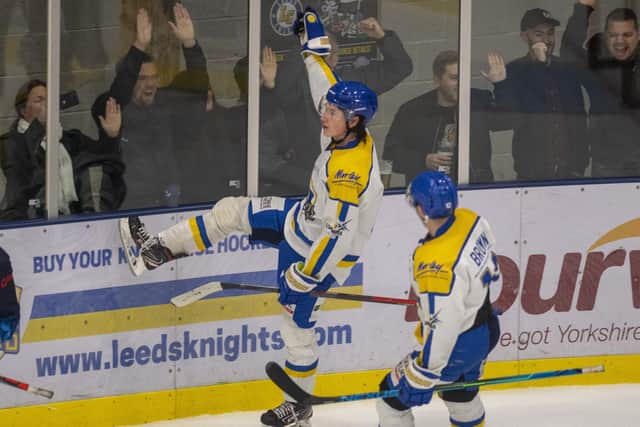 Harry Gulliver celebrates scoring Leeds Knights fifth goal against Sheffield Steeldogs at Elland Road on Friday night.
 Picture: Bruce Rollinson