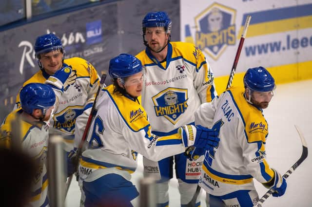 Leeds Knights, seen celebrating a goal against Sheffield Steeldogs on Friday night, struggled to replicate their performance the following night against Peterborough Picture: Bruce Rollinson