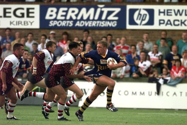 Andy Hay on the charge for Rhinos against St Helens at Knowsley Road in 1998. Picture by Mark Bickerdike.