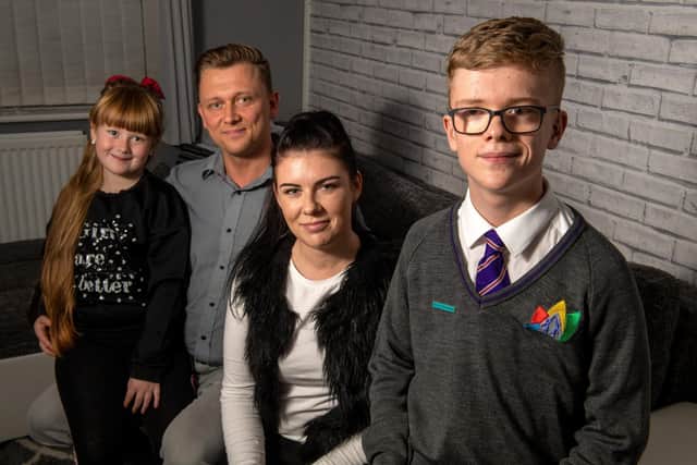 Matthew Kandziorra, 14, who was born 14 weeks early is seeking to find the paramedic who saved his life. Pictured with his sister Julia, 7 and parents David and Laura Kandziorra
Pic: Bruce Rollinson