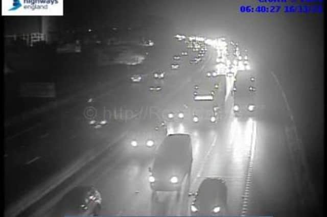 A still from a motorway CCTV camera showing traffic building on the M62 eastbound at junction 31 for Normanton at 6.40am today (Nov 16).