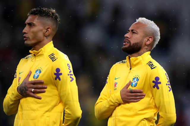 BIG GAME - Neymar, right, will miss Brazil's game against Argentina, but Raphinha, left, of Leeds United is expected to play for the visitors. Pic: Getty