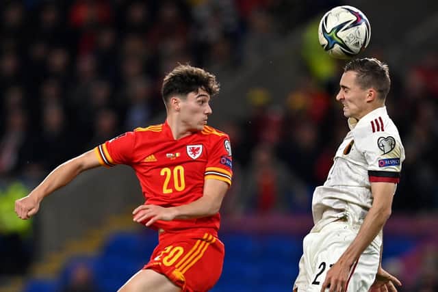 LIVELY: Leeds United's Dan James challenges Belgium's Timothy Castagne in Tuesday's 1-1 draw.