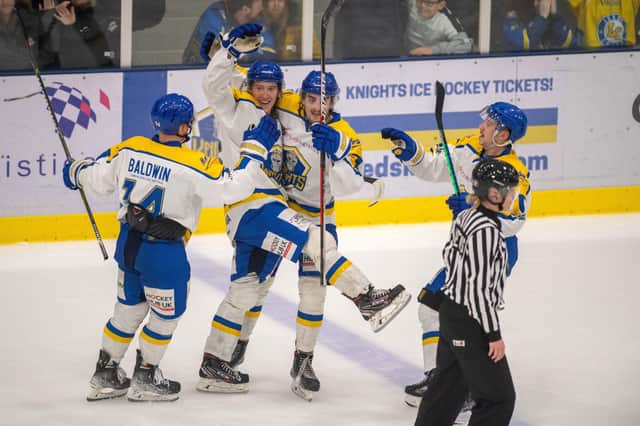 BIG NIGHT OUT: Leeds Knights' players celebrate scoring against Sheffield Steeldogs in the second leg of the Autumn Cup semi-final last Friday. Picture: Bruce Rollinson