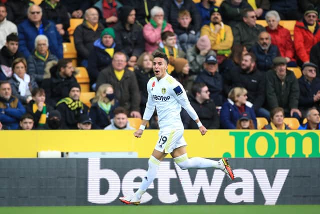 THRIVING: Leeds United's record signing Rodrigo celebrates his crucial strike in last month's 2-1 victory at Norwich City. Photo by Stephen Pond/Getty Images.