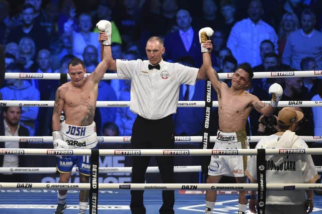 Josh Warrington and Mauricio Lara show their frustration after their fight ended in a technical draw in September. Picture: Steve Riding.
