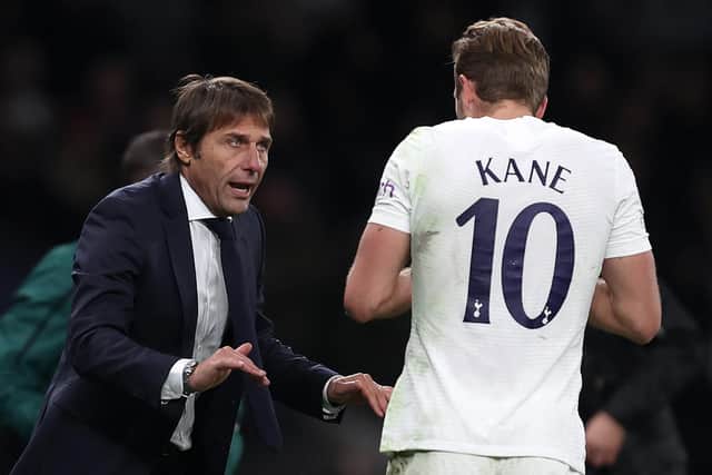 CHIEF THREAT: Tottenham's England captain Harry Kane, right, is a clear favourite to score first in Sunday's clash against Leeds United in which new Spurs boss Antonio Conte, left, is predicted to bag a first league win in charge. Photo by Julian Finney/Getty Images.