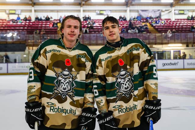 KEEP IT IN THE FAMILY: Archie Hazeldine, right, pictured with older brother Joe after playing alongside one another for Manchester Storm last weekend - against their boyhood club, Nottingham Panthers. Picture courtesy of Mark Ferriss/EIHL.