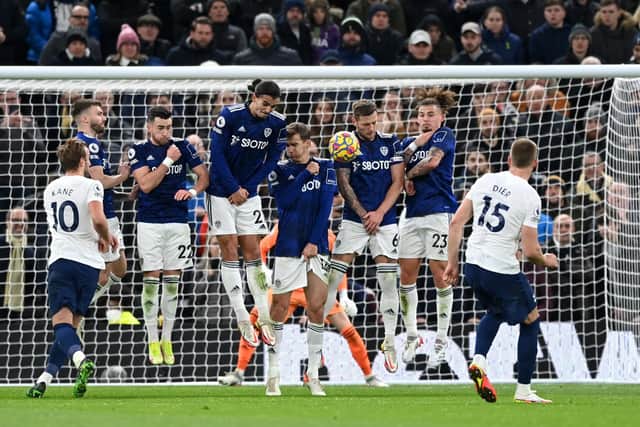 Jack Harrison, Pascal Struijk, Diego Llorente, Liam Cooper and Kalvin Phillips of Leeds United fail to stop Eric Dier's freekick leading to Sergio Reguilon scoring the home side's second goal. Picture: Shaun Botterill/Getty Images.