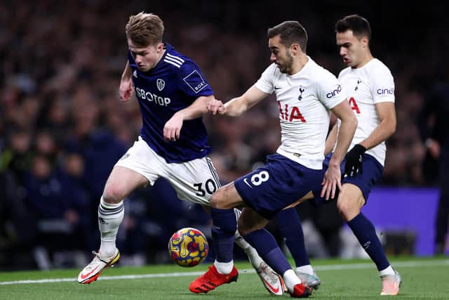 BIG STEP FORWARD: For 19-year-old Leeds United striker Joe Gelhardt, left, twisting and turning throughout in Sunday's 2-1 defeat at Tottenham. Photo by Ryan Pierse/Getty Images.