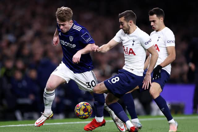 Leeds United forward Joe Gelhardt in action at Tottenham Hotspur. Pic: Getty