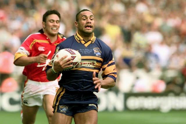 Leroy Rivett on his rway to scoring his third try against London Broncos in the 1999 Challenge Cup final. Picture: Bruce Rollinson.