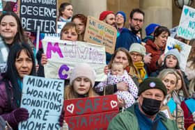 Crowds gathered at Leeds Town Hall to demand urgent change from government amidst worrying midwife crisis. Picture: James Hardisty.