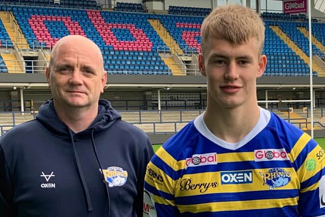 New first team squad member Max Simpson with Rhinos coach Richard Agar. Picture by Leeds Rhinos.