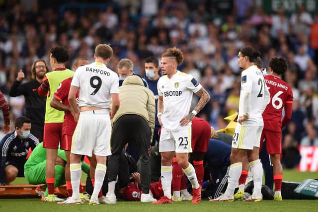 Leeds United and Liverpool players after Harvey Elliott's Elland Road injury. Pic: Getty