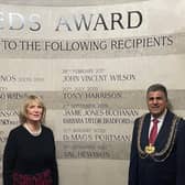Val Hewison with the Lord Mayor of Leeds, Coun Asghar Khan.