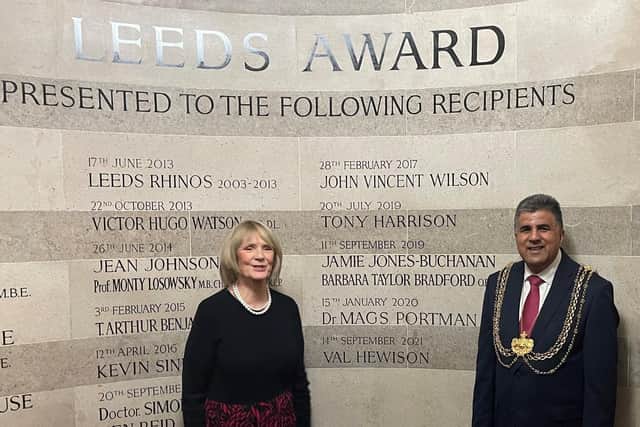 Val Hewison with the Lord Mayor of Leeds, Coun Asghar Khan.