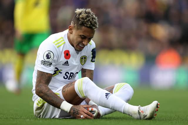 Leeds United winger Raphinha was missing last weekend due to illness. Pic: Getty