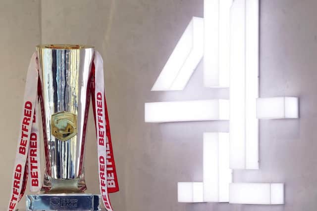 The Super League trophy seen at Channel 4's national HQ in Leeds. Picture by Betfred Super League.