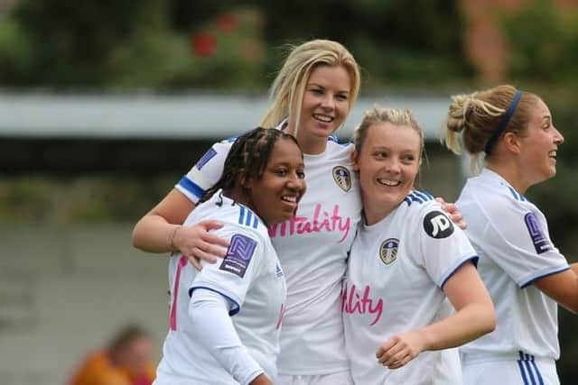 Leeds United Women's Laura Bartup scores on her debut in a 2-1 loss against Norton and Stockton Ancients in September 2020. Pic: Leeds United Football Club.