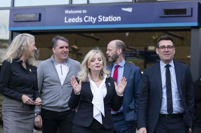 Tracy Brabin outside Leeds railway station with fellow Transport for the North board members.