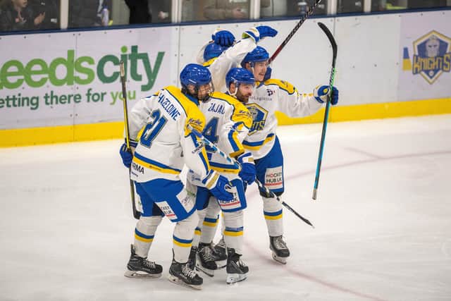 Leeds Knights celebrate Jordan Fisher scoring their fourth goal against Sheffield Steeldogs in the second leg of their Autumn Cup semi-final at Elland Road. Picture: Bruce Rollinson