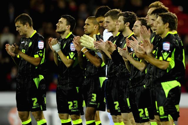 Leeds United's players ahead of kick-off pay tribute to Gary Speed at Nottingham Forest. Pic: Getty