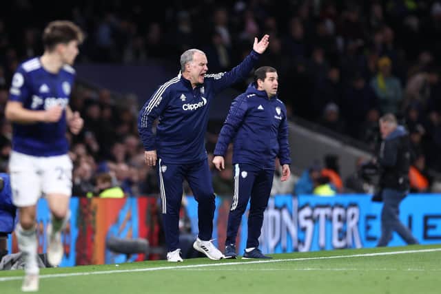 FIGHTING TALK: From Leeds United head coach Marcelo Bielsa, centre, pictured during Sunday's 2-1 defeat at Tottenham. Photo by Ryan Pierse/Getty Images.