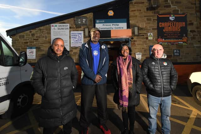 The Norman Francis: Salute A Hero party is taking place today at the Prince Philip Centre. Pictured from the left are Lutel James, Norman Francis, Patricia Jones and Will Bowler. Photo: Simon Hulme