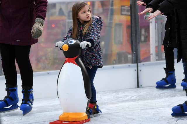 Four-year-old Lexi Loftus takes to the ice at the Ice Cube in Millennium Square. PIC: Jonathan Gawthorpe