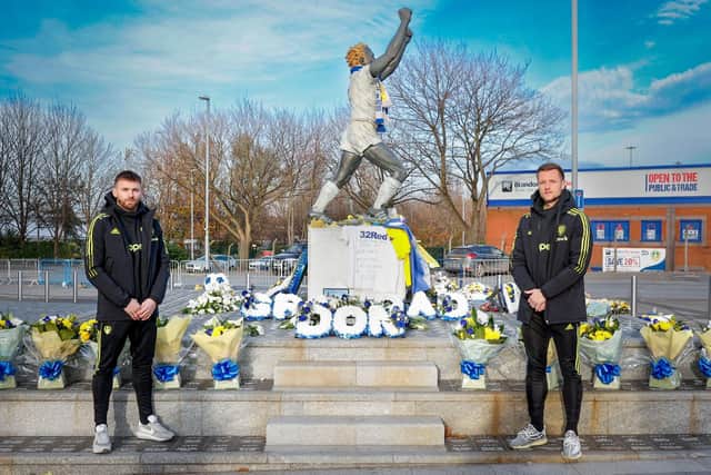 RESPECTS: Paid by Leeds United captain Liam Cooper, right, and Stuart Dallas, left, to Gary Speed at Bremner Square. Picture by LUFC.