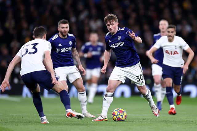 ON THE CHARGE: Nineteen-year-old Leeds United forward Joe Gelhardt, right, on his full Premier League debut in Sunday's 2-1 defeat at Tottenham Hotspur. Photo by Ryan Pierse/Getty Images.