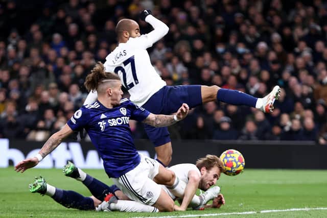 TO THE RESCUE: Leeds United's Kalvin Phillips, left, keeps out Harry Kane, right, and Lucas Moura, top, during the first half of the 2-1 defeat at Tottenham in which Phillips lined up as a sweeper at centre-back. Photo by Ryan Pierse/Getty Images.