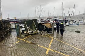 A wrecked kiosk was also pictured in storm-hit Scarborough harbour [Image credit: James Corrigan]