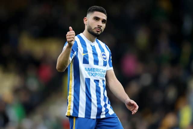 HIM AGAIN: Neal Maupay, who has scored four times in six games against Leeds United, four of which have resulted in Seagulls victories, is favourite to score first against the Whites. Photo by Julian Finney/Getty Images.