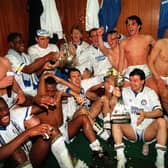 SPECIAL MEMORIES: Gary Speed, back row third from right, celebrates winning the 1992 First Division title with team mate Tony Dorigo, bottom row third from left, not far from his side. Picture by Mark Bickerdike/YPN.