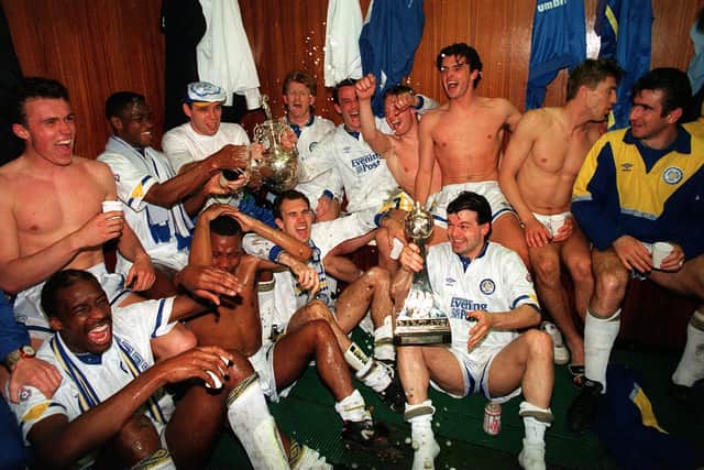 SPECIAL MEMORIES: Gary Speed, back row third from right, celebrates winning the 1992 First Division title with team mate Tony Dorigo, bottom row third from left, not far from his side. Picture by Mark Bickerdike/YPN.