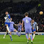 ANOTHER CHANCE: Brighton's Jakub Moder, left, fires one of a host of Seagulls opportunities over the crossbar. Photo by GLYN KIRK/AFP via Getty Images.