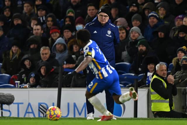 'WORRIED': Jamie Redknapp is concerned about Leeds United following Saturday's goalless draw at Brighton, Whites head coach Marcelo Bielsa looking on as livewire Tariq Lamptey races forward. Photo by GLYN KIRK/AFP via Getty Images.